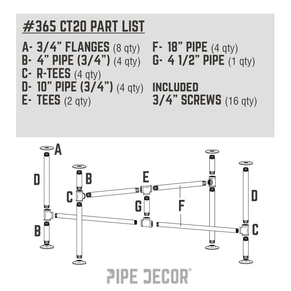 PIPE DECOR 365 PDCT20 3 4 in. x 3.5 ft. L x 18 in. H Black Steel Pipe Turnpike Design Coffee Table Kit1