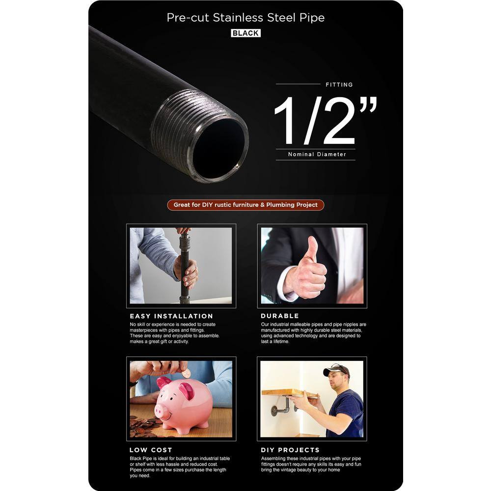 PLUMBFLEX 1272PBL-5 1 2 in. x 72 in. Black Steel Pipe (5-Pack)2