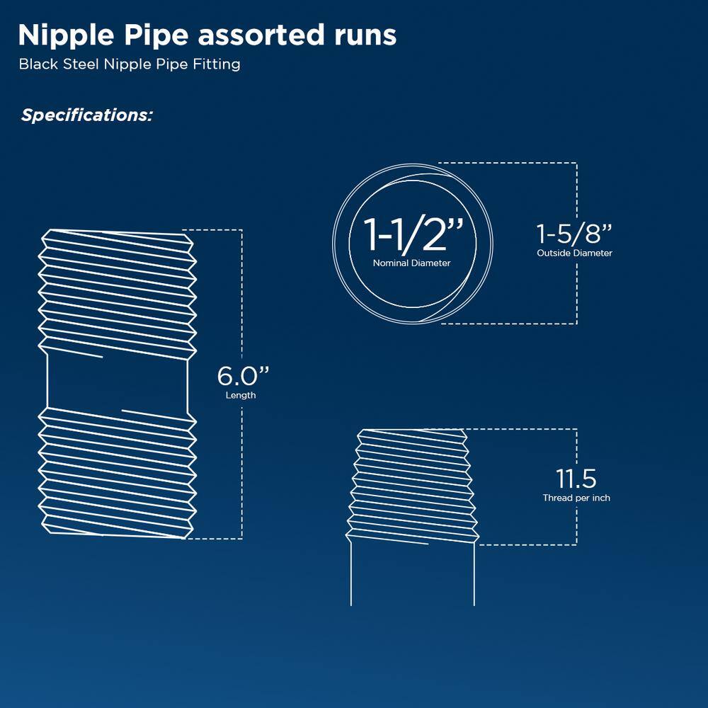 PLUMBFLEX 1560NPBL-10 Black Steel Pipe, 1-1 2 in. x 6 in. Nipple Fitting (10-Pack)2