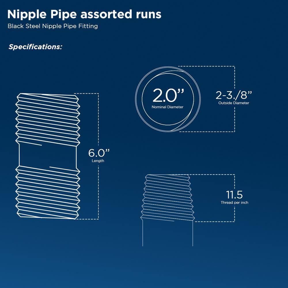 PLUMBFLEX 2060NPBL-10 Black Steel Pipe, 2 in. x 6 in. Nipple Fitting (Pack of 10)2