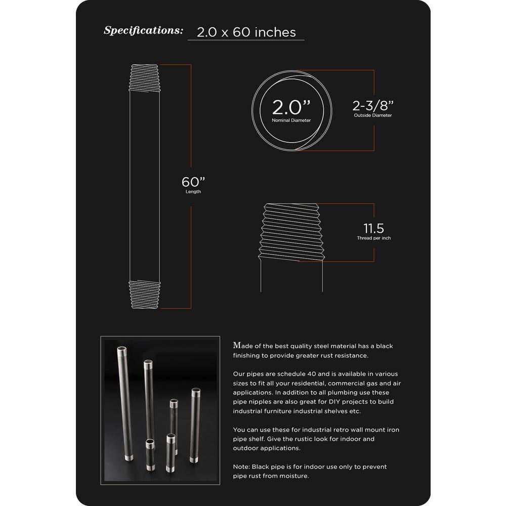 PLUMBFLEX 2060PBL-5 2 in. x 60 in. Black Steel Pipe (5-Pack)1