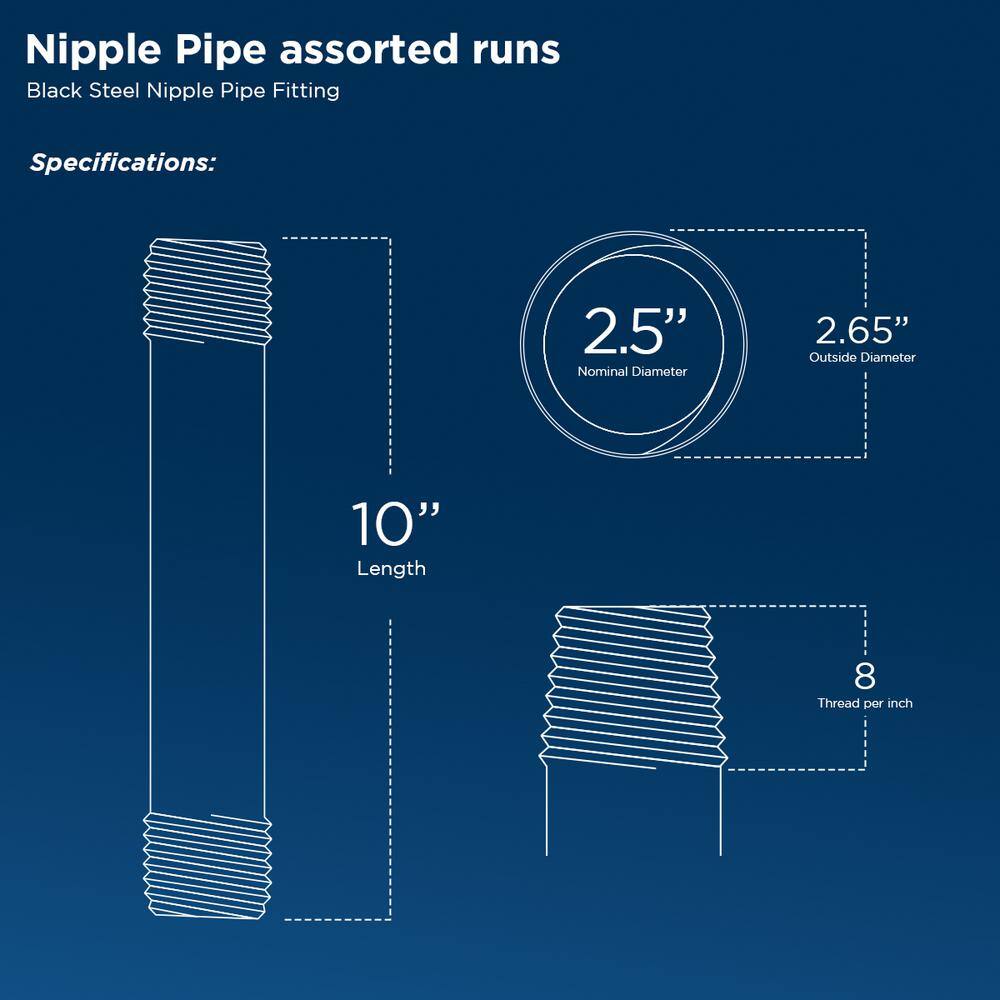 PLUMBFLEX 2510NPBL-4 Black Steel Pipe, 2-1 2 in. x 10 in. Nipple Fitting (Pack of 4)2