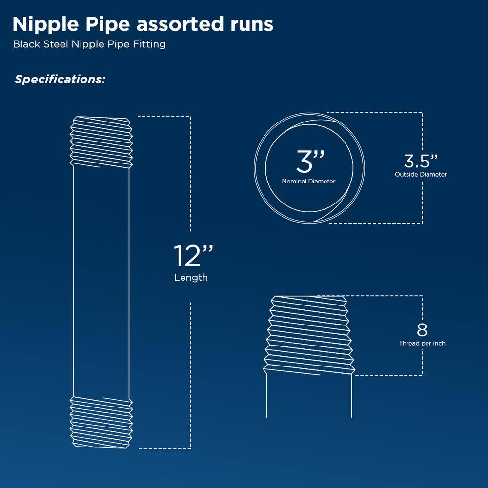 PLUMBFLEX 3012NPBL-4 Black Steel Pipe, 3 in. x 12 in. Nipple Fitting (4-Pack)4