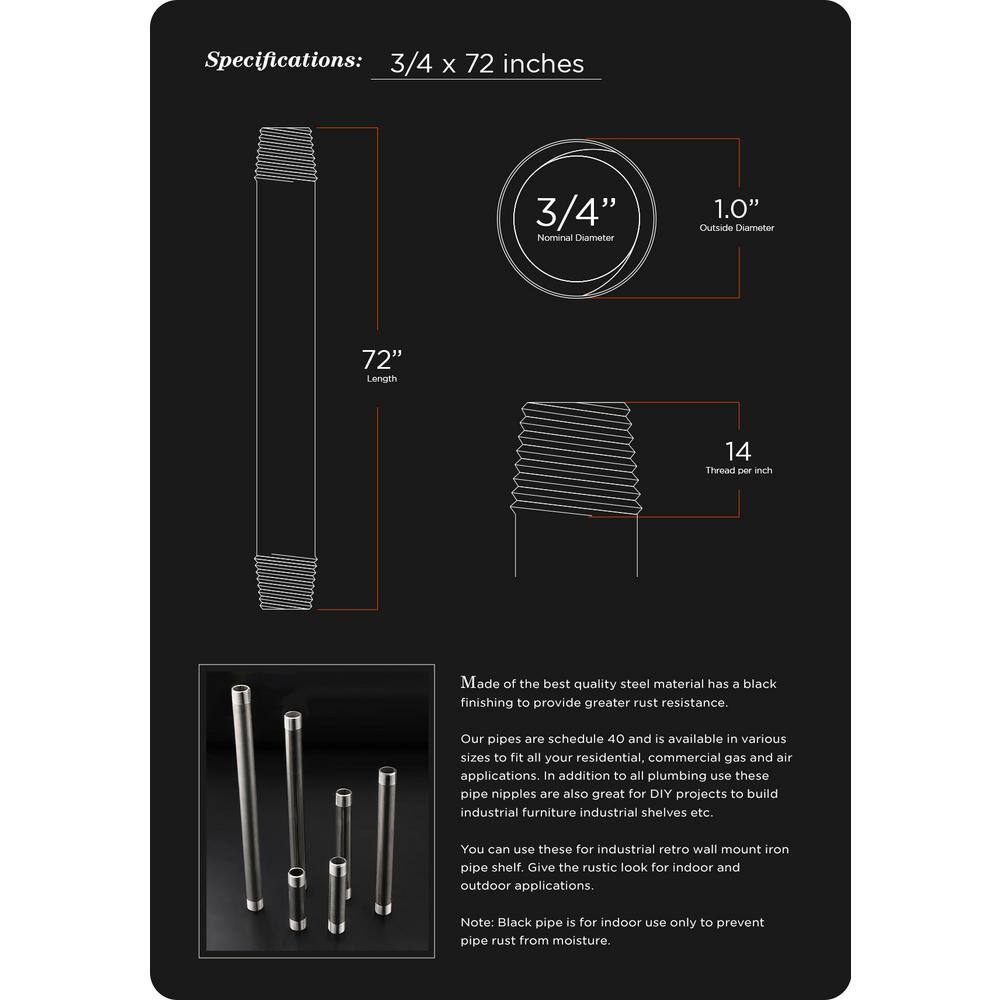 PLUMBFLEX 3472PBL-5 3 4 in. x 72 in. Black Steel Pipe (5-Pack)7