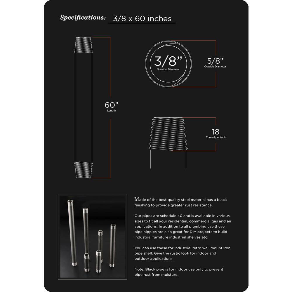 PLUMBFLEX 3860PBL-5 3 8 in. x 60 in. Black Steel Pipe (5-Pack)4