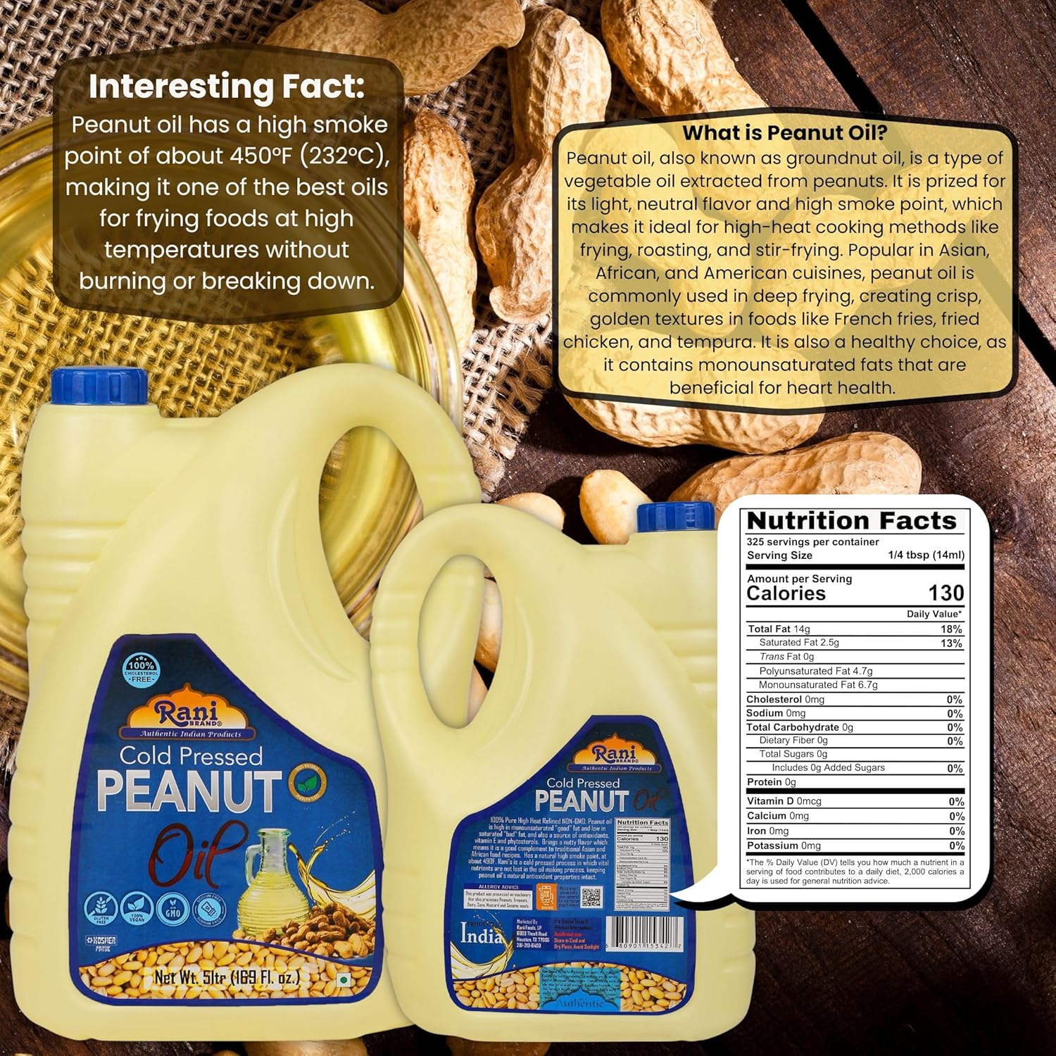 Rani Peanut Oil 169 Ounce (5 Liter) Cold Pressed 100% Natural NON-GMO Kosher Vegan Gluten Free1