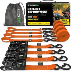 Rhino USA Ratchet Straps Heavy Duty Kit (4-Pack) - 1.6 Inch x 8 Feet (5,208lb Break Strength) - Ultimate Tie Down Straps with Safety S Hooks for Trucks, ATV, UTV, Motorcycle, Cargo & More - Orange