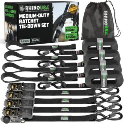 Rhino USA Ratchet Straps Tie Downs (4-Pack) - 1 Inch x 15 Feet (1,823lb Break Strength) - Ultimate Tie Down Straps with Safety S Hooks - for Trucks, Cargo, Moving, Appliances - Black