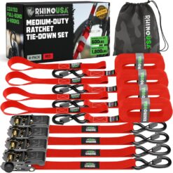 Rhino USA Ratchet Straps Tie Downs (4-Pack) - 1 Inch x 15 Feet (1,823lb Break Strength) - Ultimate Tie Down Straps with Safety S Hooks - for Trucks, Cargo, Moving, Appliances - Red