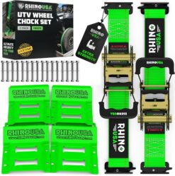 Rhino USA Wheel Chock Tie Down Kit (4,500lb Break Strength) (2) Heavy Duty Trailer Tire Ratchet Straps (4) Wheel Chocks - E Track System for ATV, UTV, Lawn Mower, Four Wheeler - Green