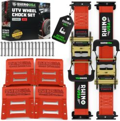 Rhino USA Wheel Chock Tie Down Kit (4,500lb Break Strength) (2) Heavy Duty Trailer Tire Ratchet Straps (4) Wheel Chocks - E Track System for ATV, UTV, Lawn Mower, Four Wheeler - Red