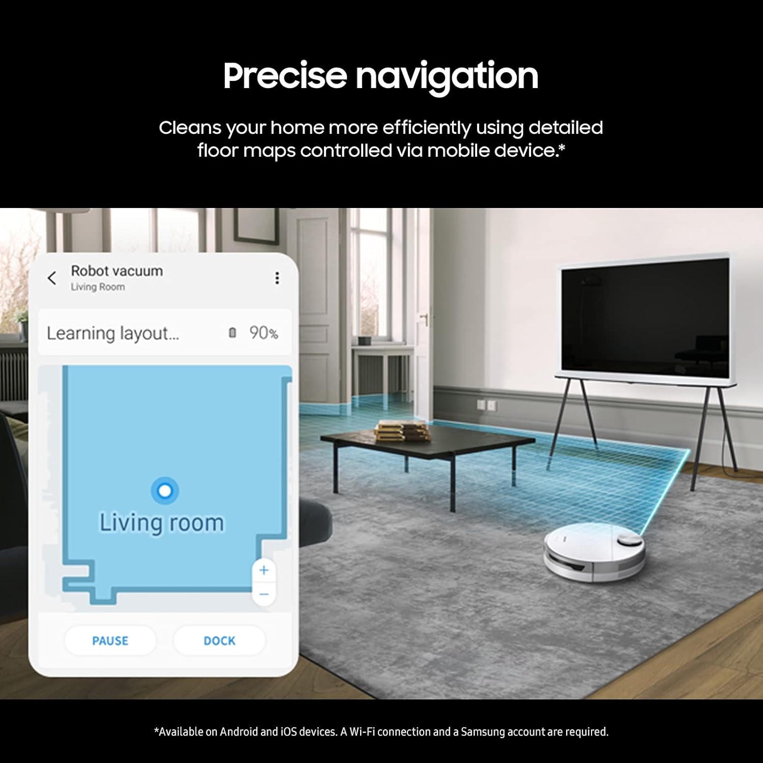 SAMSUNG Jet Bot Robot Cordless Vacuum Cleaner w Intelligent Power Control, Precise Navigation, Multi Surface Cleaning for Hardwood Floors, Carpets, Rugs, Anti Hair, VR30T80313W AA, White`