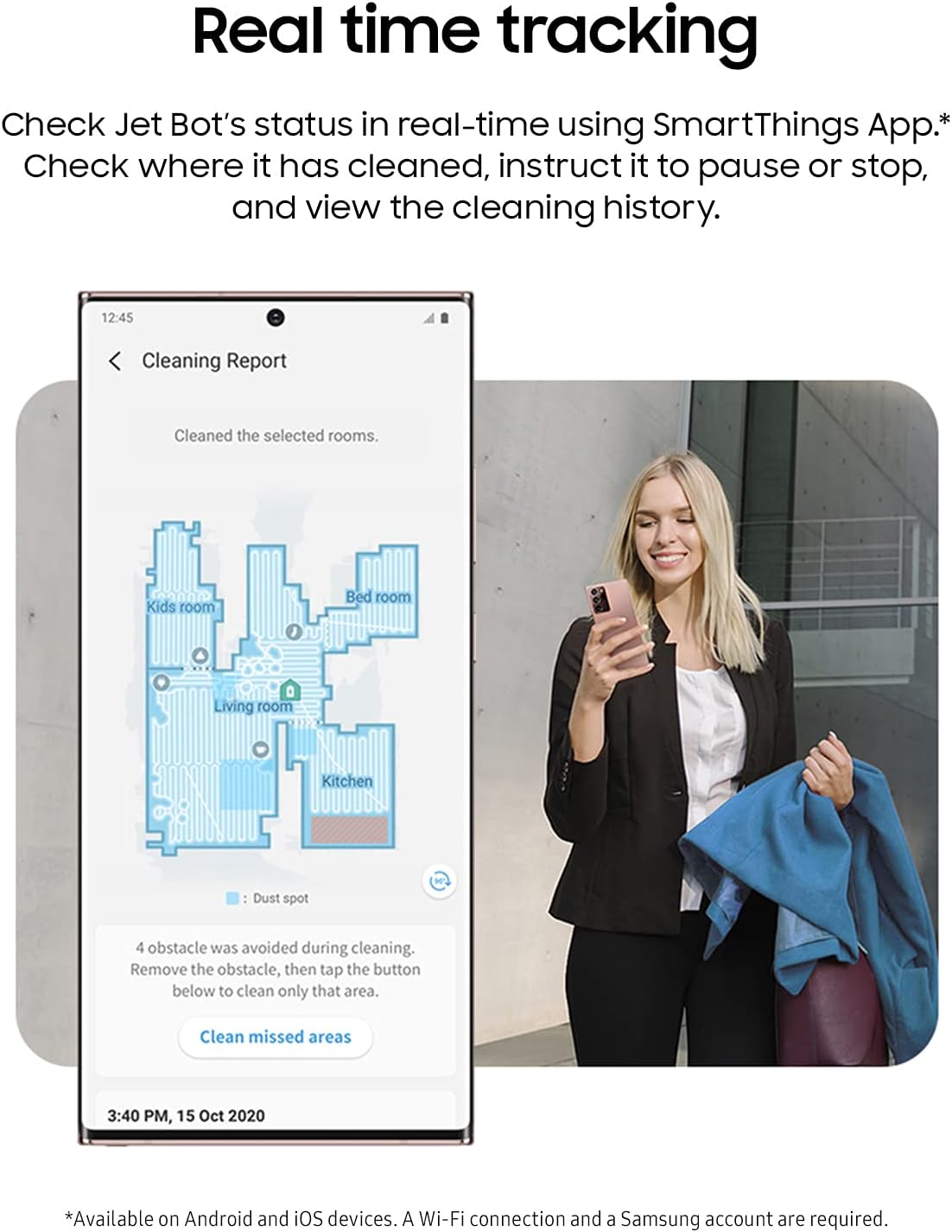 SAMSUNG Jet Bot Robot Cordless Vacuum Cleaner w Intelligent Power Control, Precise Navigation, Multi Surface Cleaning for Hardwood Floors, Carpets, Rugs, Anti Hair, VR30T80313W AA, White5
