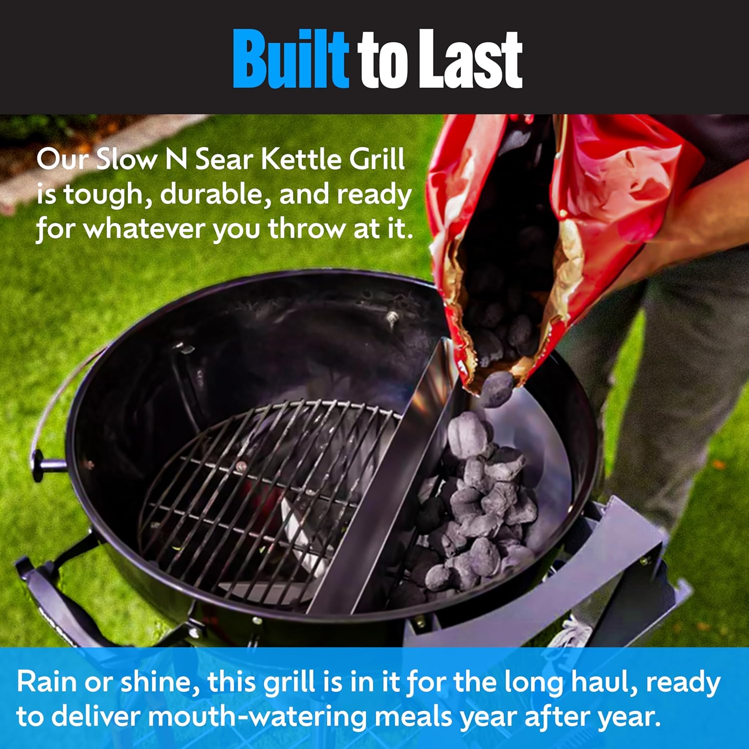 SnS Grills Original Kettle Charcoal Grill with Patented Slow 'N Sear Deluxe Insert and EasySpin Grate for Two-Zone Cooking, Low ‘N Slow Smoking and BBQing - Black 22-Inch0