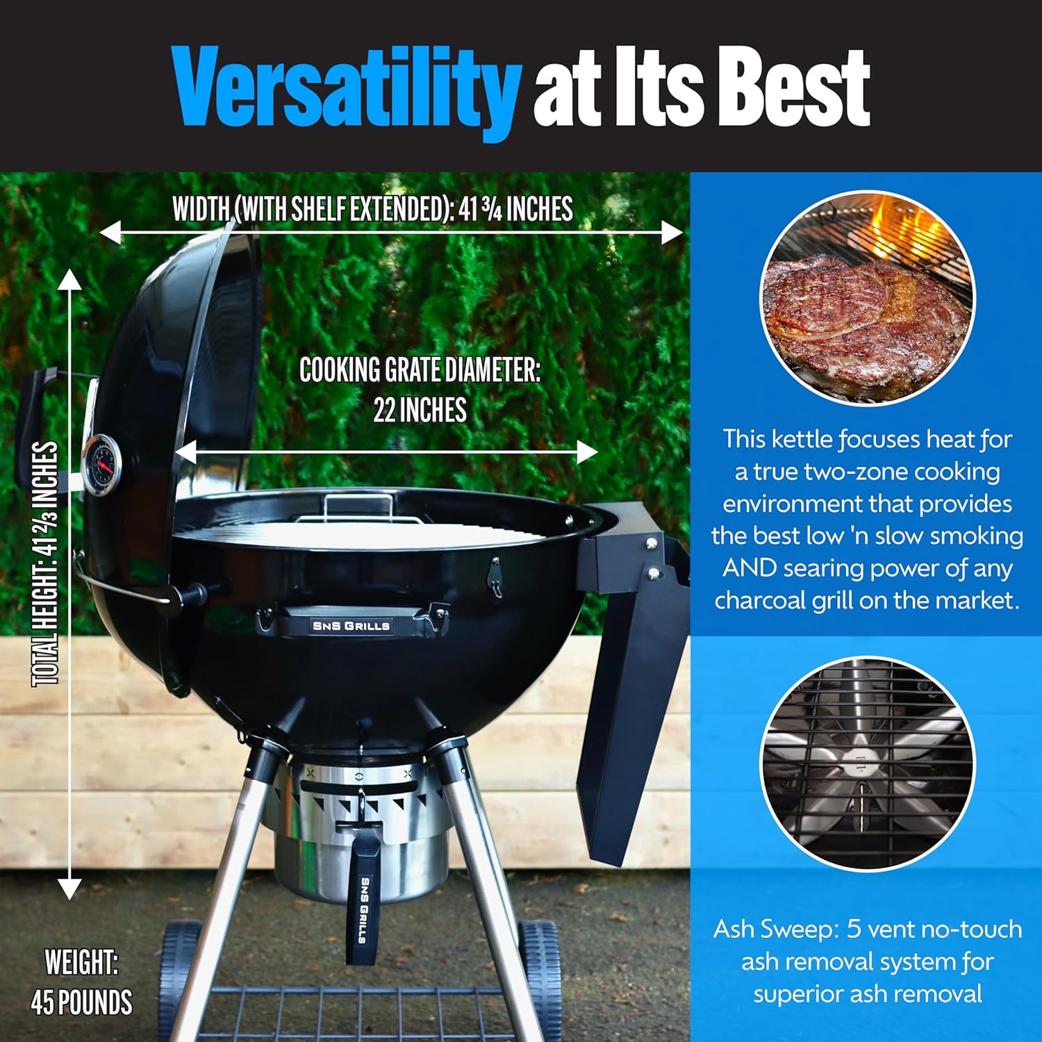 SnS Grills Original Kettle Charcoal Grill with Patented Slow 'N Sear Deluxe Insert and EasySpin Grate for Two-Zone Cooking, Low ‘N Slow Smoking and BBQing - Black 22-Inch11