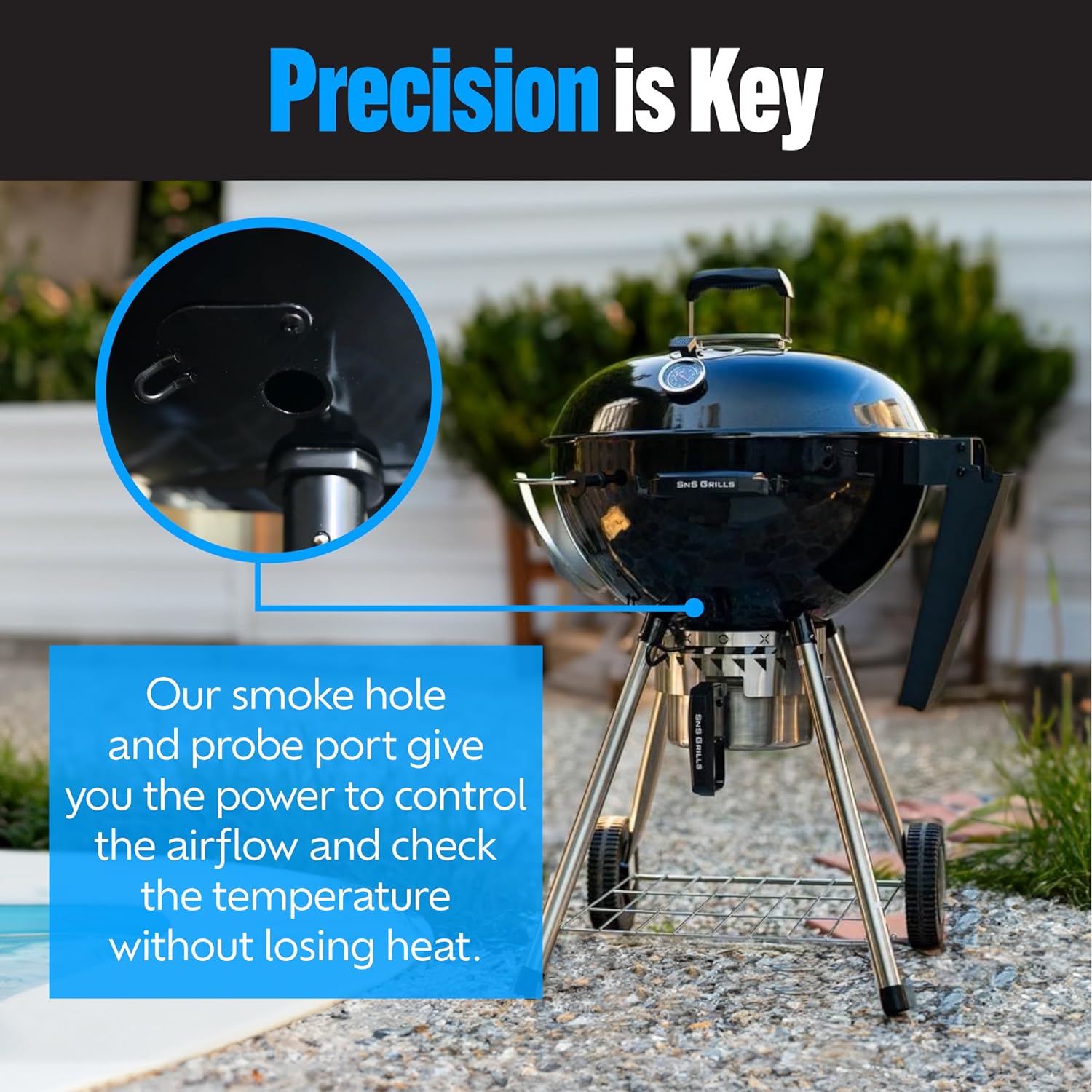 SnS Grills Original Kettle Charcoal Grill with Patented Slow 'N Sear Deluxe Insert and EasySpin Grate for Two-Zone Cooking, Low ‘N Slow Smoking and BBQing - Black 22-Inch12