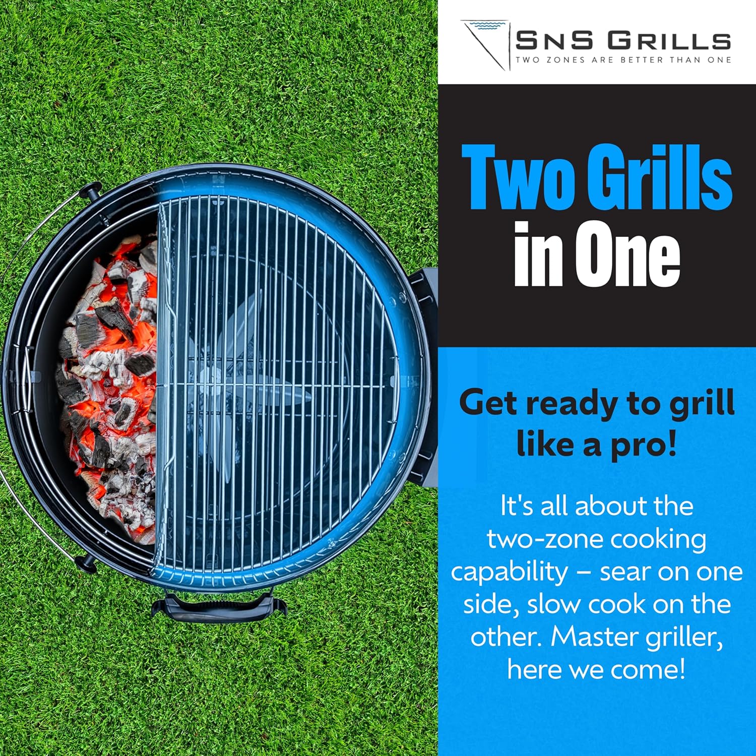 SnS Grills Original Kettle Charcoal Grill with Patented Slow 'N Sear Deluxe Insert and EasySpin Grate for Two-Zone Cooking, Low ‘N Slow Smoking and BBQing - Black 22-Inch5