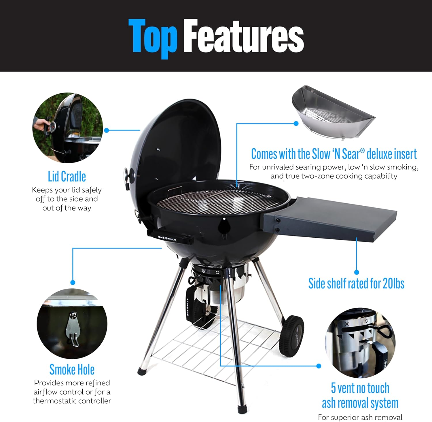 SnS Grills Original Kettle Charcoal Grill with Patented Slow 'N Sear Deluxe Insert and EasySpin Grate for Two-Zone Cooking, Low ‘N Slow Smoking and BBQing - Black 22-Inch7