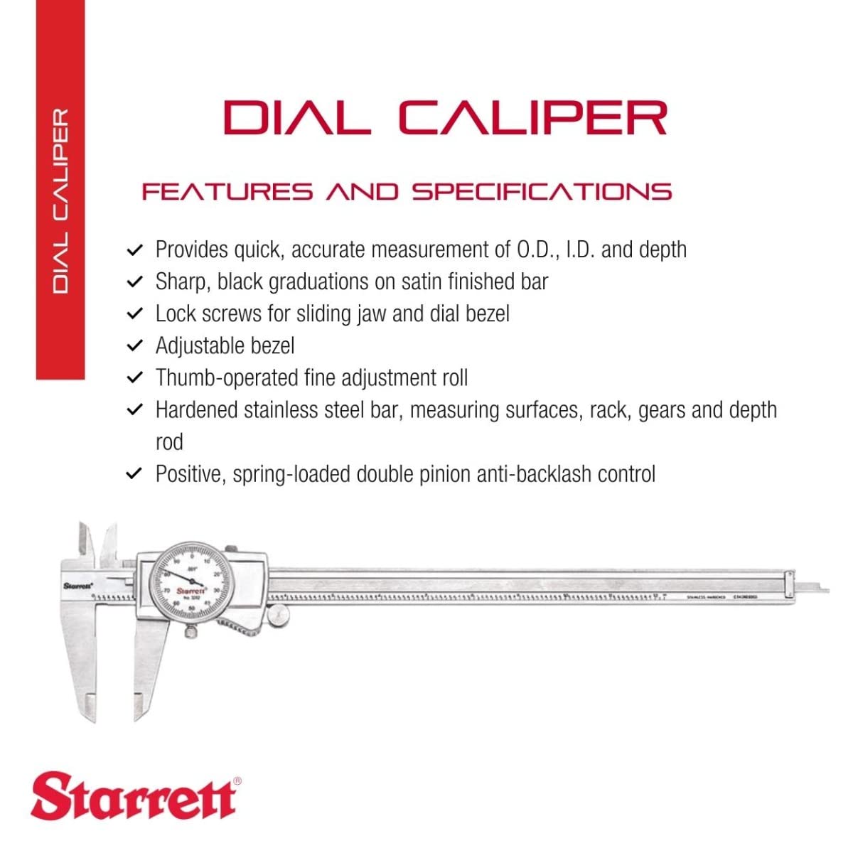 Starrett Dial Caliper with Adjustable Bezel and Fitted Case - White Face, 0-12 Range, -0.001 Accuracy, .001 Graduation - 3202-121