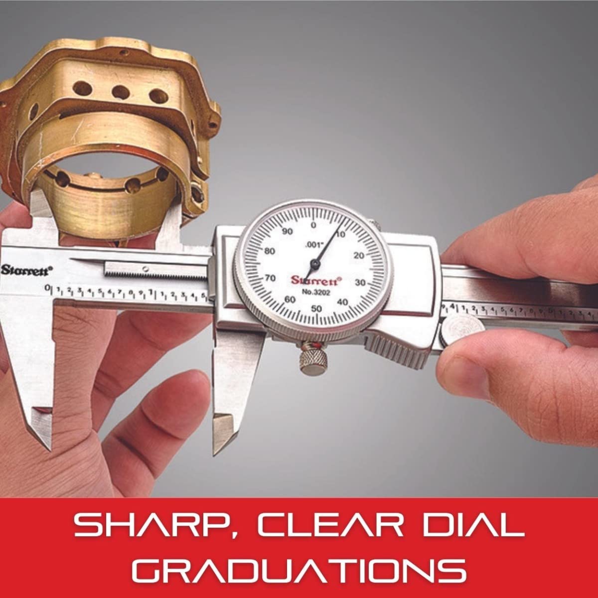 Starrett Dial Caliper with Adjustable Bezel and Fitted Case - White Face, 0-12 Range, -0.001 Accuracy, .001 Graduation - 3202-123