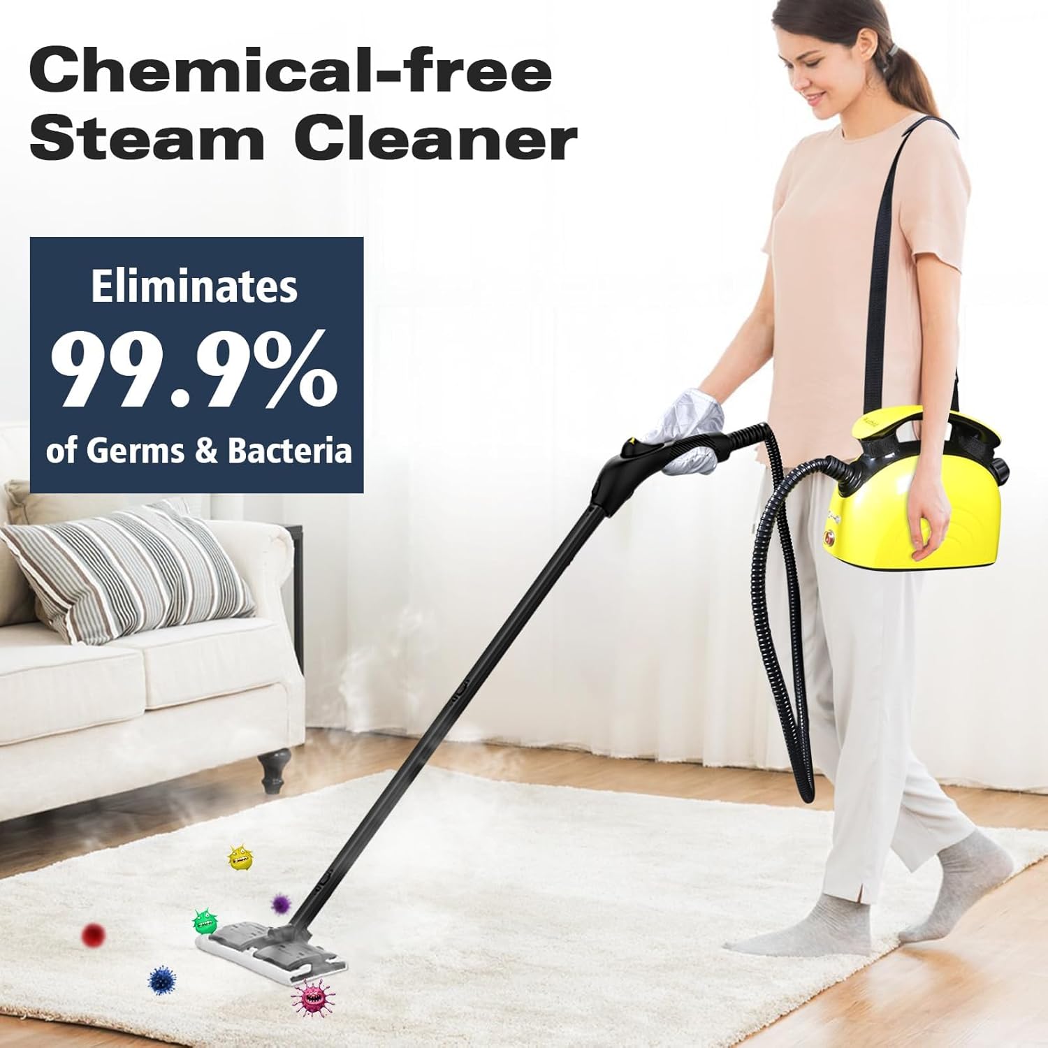 Steam Cleaner, Multipurpose Powerful Steamer with 21 Accessories, 248°F High-Temperature Steam for Floors, Grout, Tiles, Carpet, Cars - Portable 1.08L Tank, Child Lock, Chemical-Free Cleaning (Yellow)1