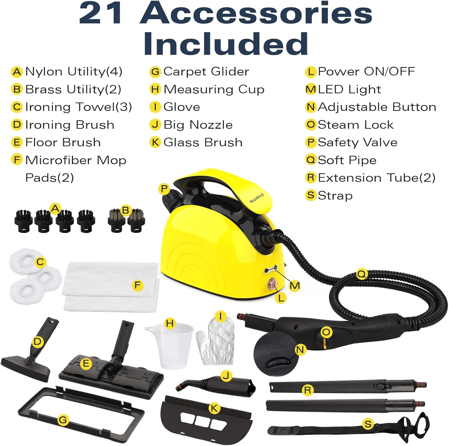 Steam Cleaner, Multipurpose Powerful Steamer with 21 Accessories, 248°F High-Temperature Steam for Floors, Grout, Tiles, Carpet, Cars - Portable 1.08L Tank, Child Lock, Chemical-Free Cleaning (Yellow)12