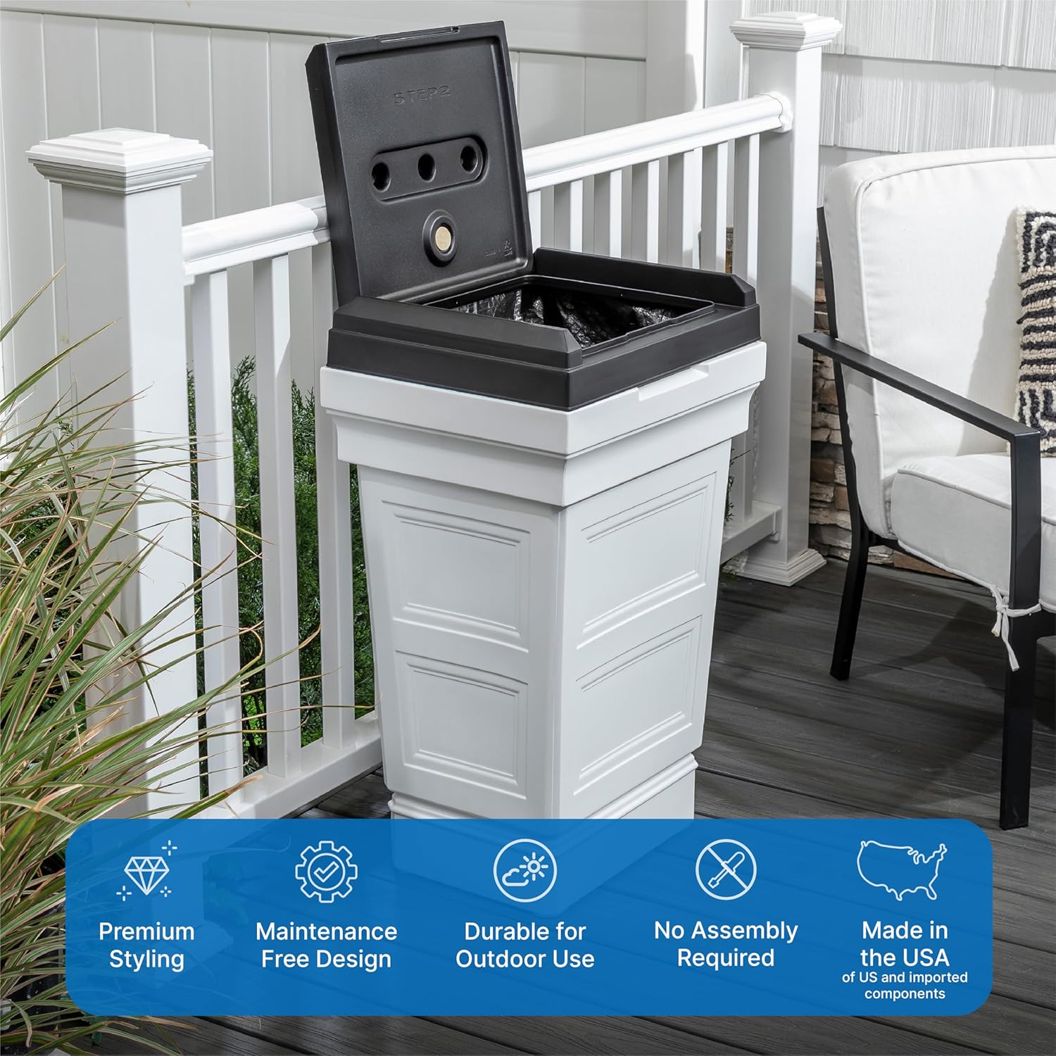 Step2 Atherton Large Garbage Container, Indoor Outdoor Trash Can with Lid, Weather Resistant, Made of Durable Plastic, Weather-Resistant, Classic White1