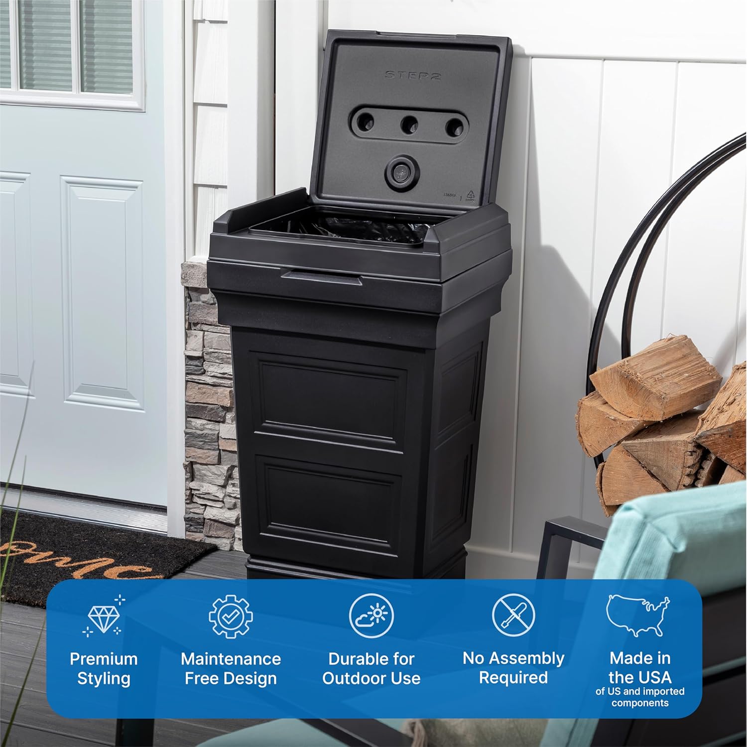 Step2 Atherton Large Garbage Container, Indoor Outdoor Trash Can with Lid, Weather Resistant, Made of Durable Plastic, Weather-Resistant, Onyx Black1