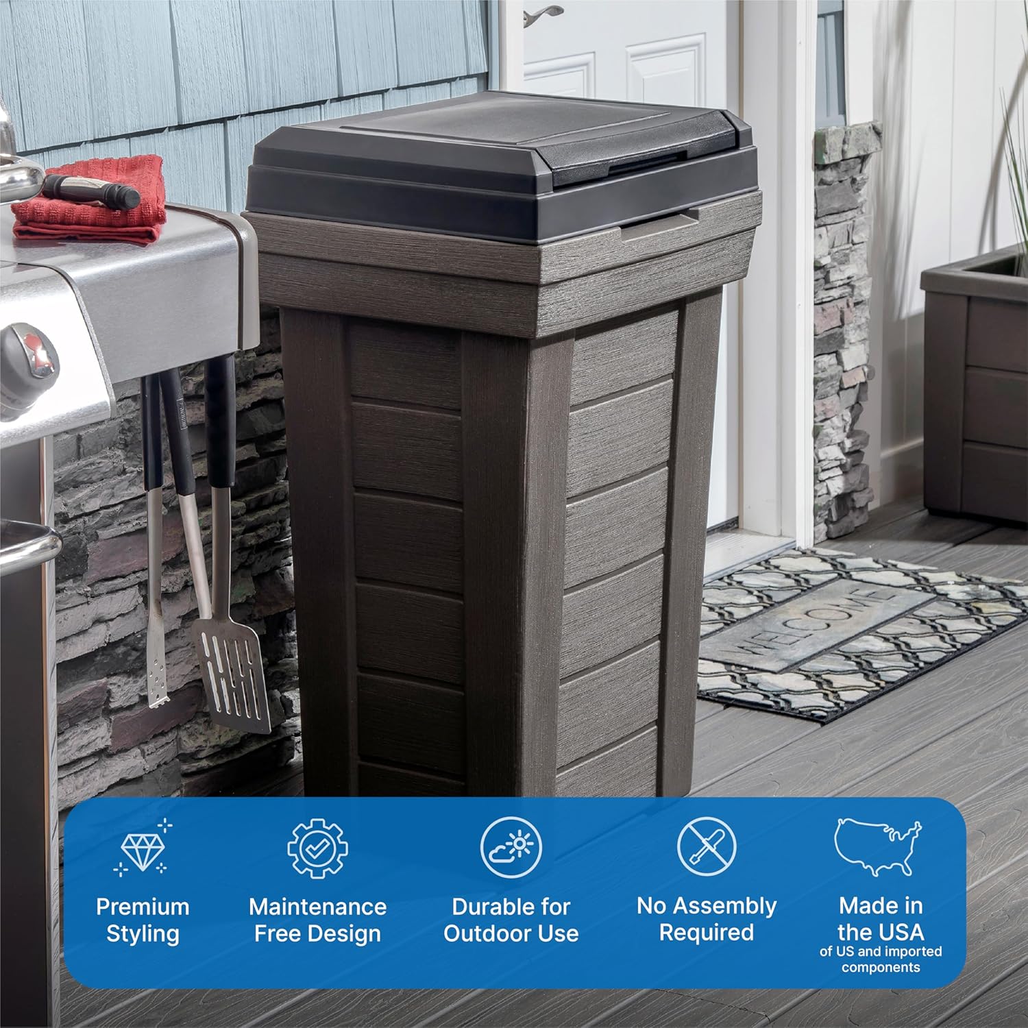 Step2 Lakewood Garbage Container - Dark Cedar - Indoor Outdoor Refuse Container - Large Capacity Garbage Receptacle - Decorative Trash Can with Lid - Ideal for Patio, Kitchen, Pool Storage and More1