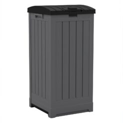 Suncast Trash Hideaway 39 Gallon Outdoor Trash Can Patio or Deck Waste Bin with Latching Lid, Liquid Tray, Handles, and Trash Bag Holder, Peppercorn