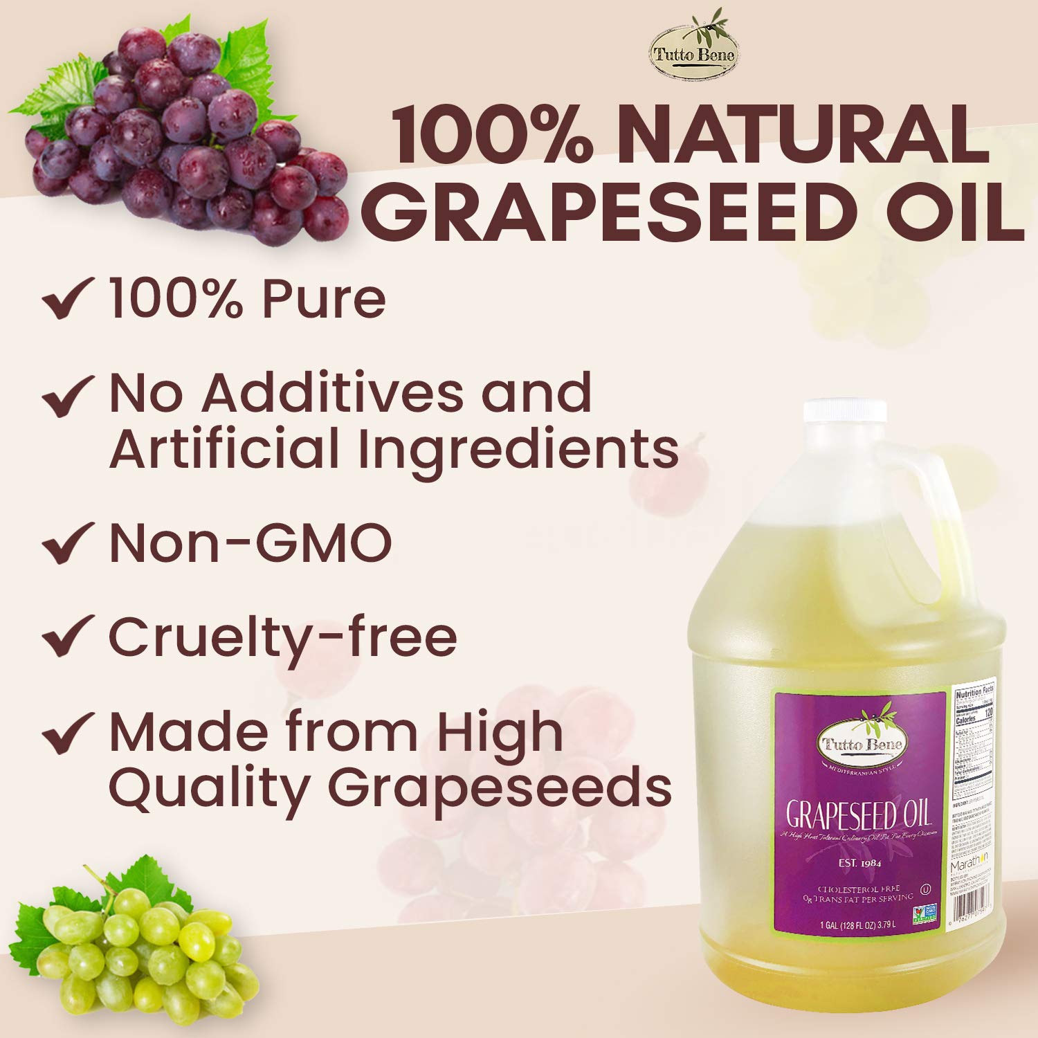 Tutto Bene Premium Quality Grapeseed Oil - 1 Gallon (128 ounces), for Cooking With 0% Trans Fat for Healthy Living - Cholesterol Free - High in Antioxidants and Vitamin E1