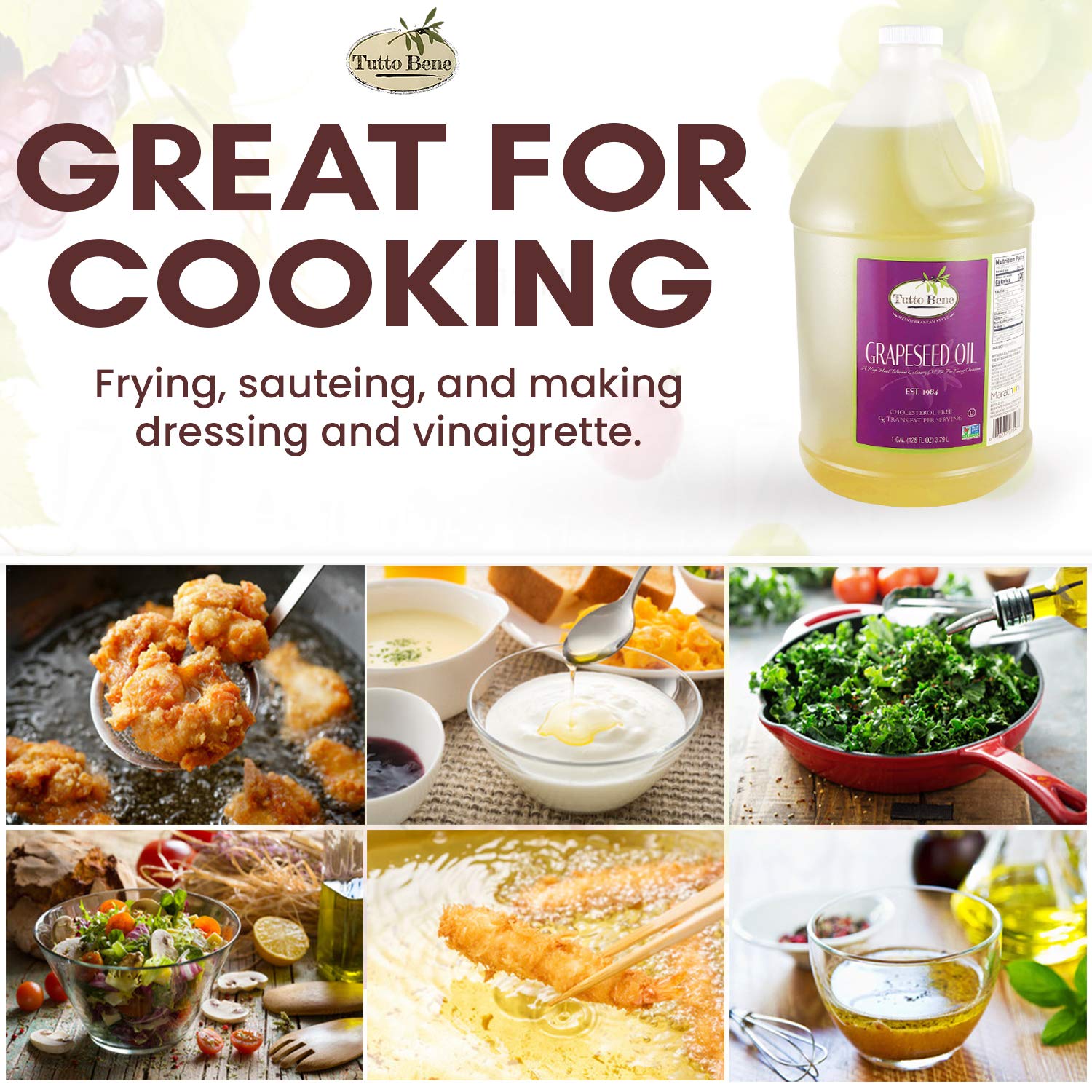 Tutto Bene Premium Quality Grapeseed Oil - 1 Gallon (128 ounces), for Cooking With 0% Trans Fat for Healthy Living - Cholesterol Free - High in Antioxidants and Vitamin E2