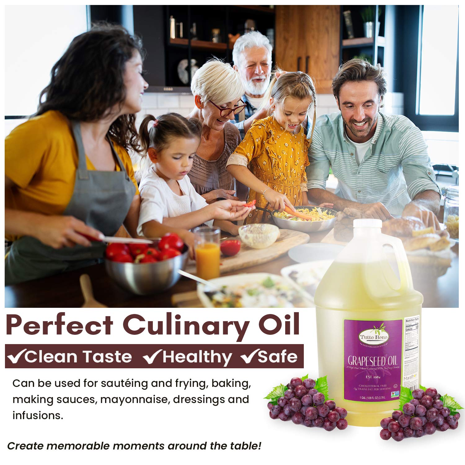 Tutto Bene Premium Quality Grapeseed Oil - 1 Gallon (128 ounces), for Cooking With 0% Trans Fat for Healthy Living - Cholesterol Free - High in Antioxidants and Vitamin E6
