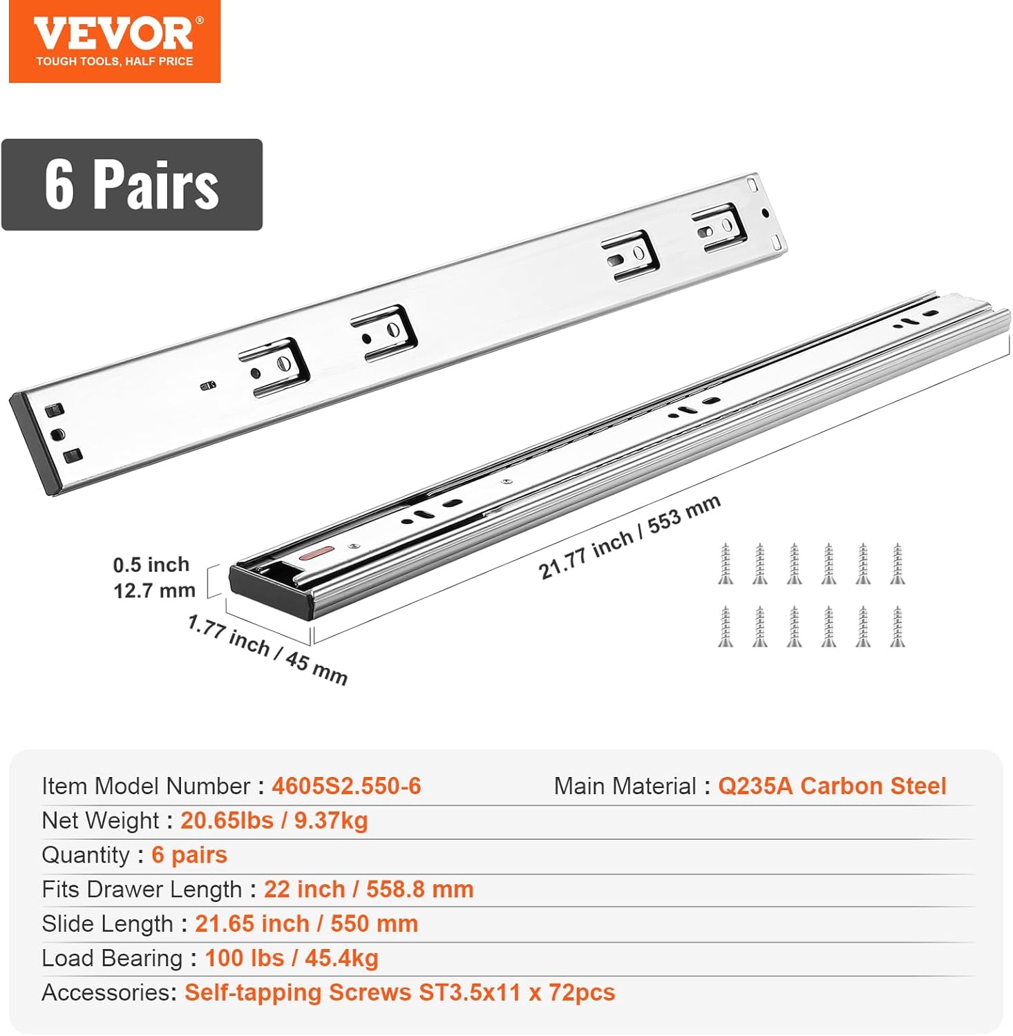 VEVOR 6 Pairs Soft Close Drawer Slides 14 16 18 20 22 24 Inch Heavy Duty Side Mount Rails,Ball Bearing Full Extension Noiseless Dresser Drawer Slides, 100 Lbs Load Capacity(6 Pairs, 22 Inch)12