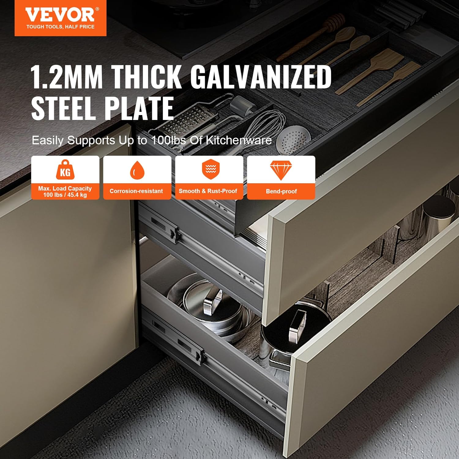 VEVOR 6 Pairs Soft Close Drawer Slides 14 16 18 20 22 24 Inch Heavy Duty Side Mount Rails,Ball Bearing Full Extension Noiseless Dresser Drawer Slides, 100 Lbs Load Capacity(6 Pairs, 22 Inch)2