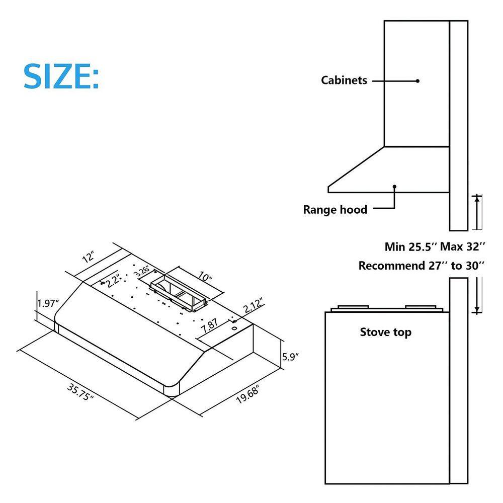 VIKIO C01-36-BSS 36 in. 900 CFM Ducted Under Cabinet Range Hood in Black Stainless Steel with 2 -Way Venting and LED6