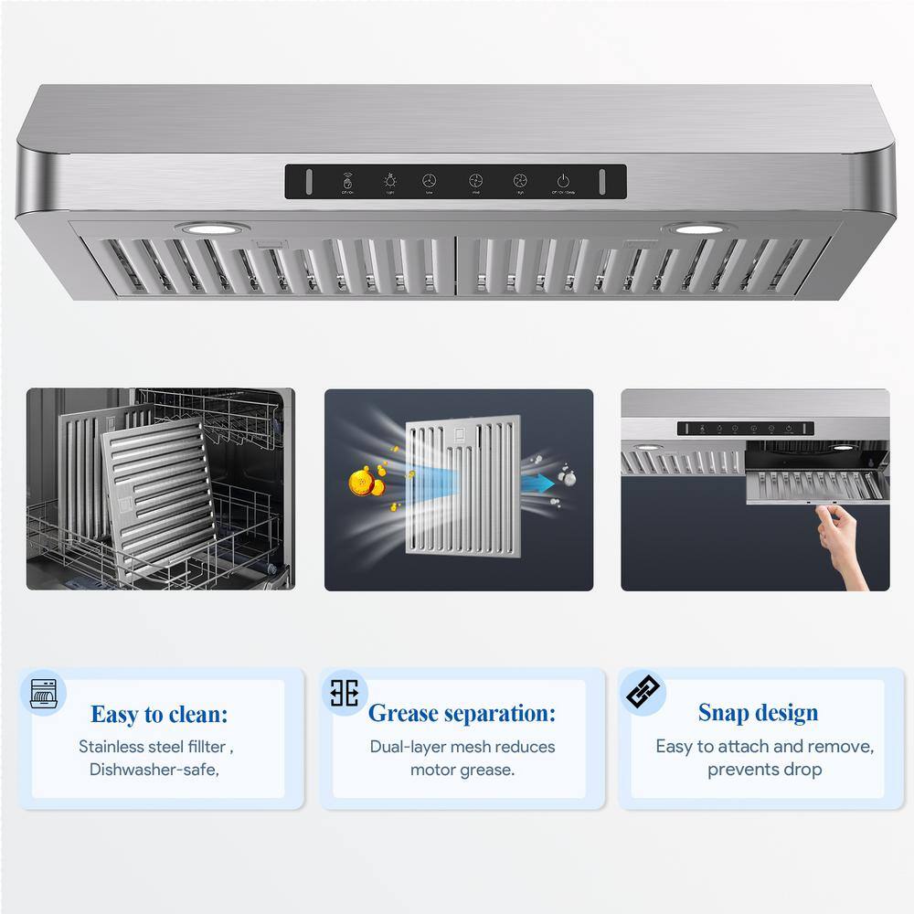 VIKIO IKC01-30-J 30 in. 900 CFM Ducted Under Cabinet Range Hood in Stainless Steel with 3 -Way Venting and Removable LED7