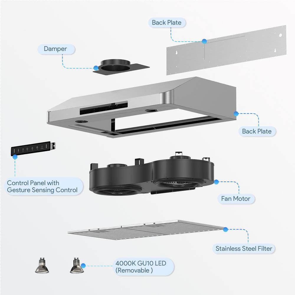 VIKIO IKC01-42-J 42 in. 900 CFM Ducted Under Cabinet Range Hood in Stainless Steel with 3 -Way Venting and Removable LED4
