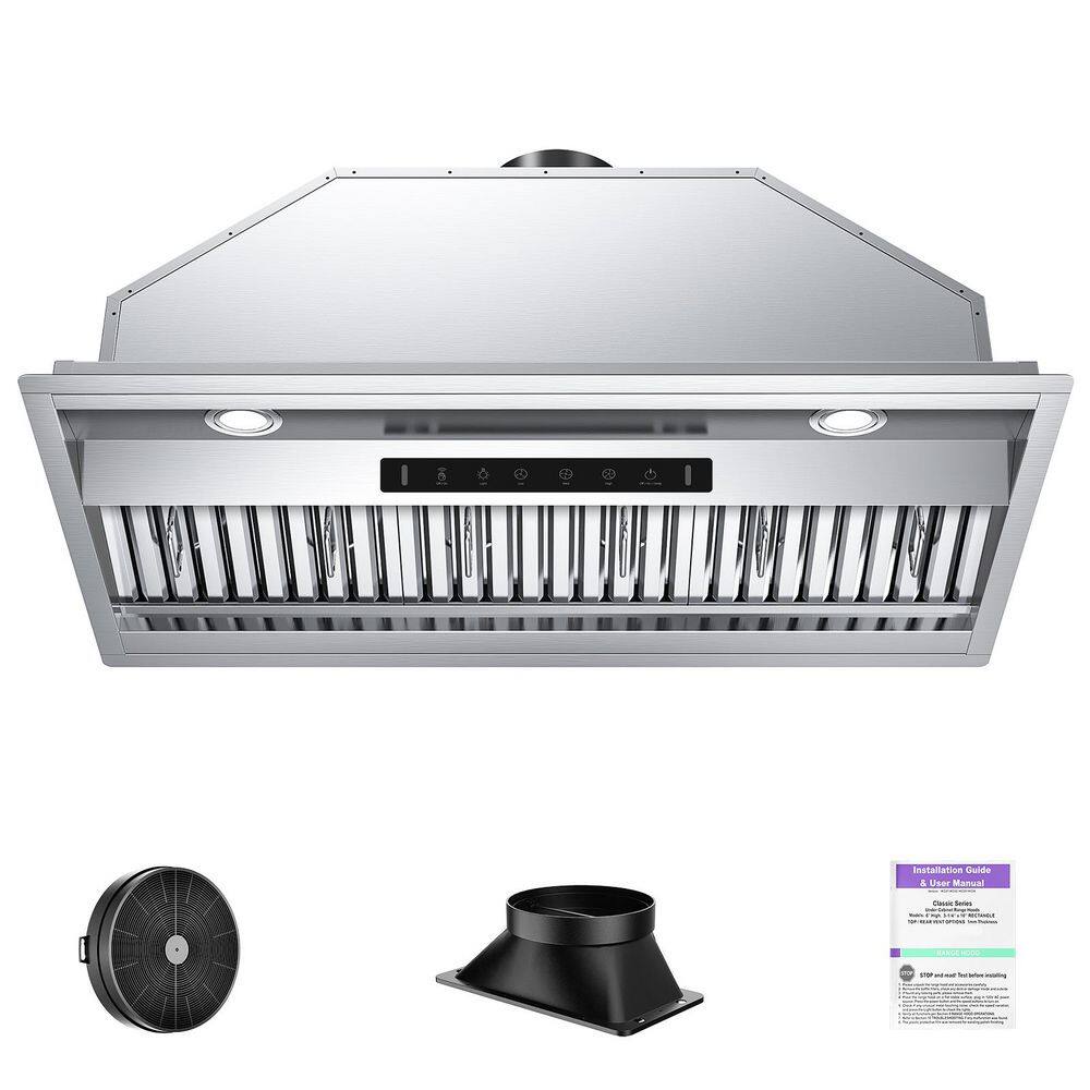 VIKIO RHIN02-42 42 in. 900 CFM Convertible Insert Range Hood Stainless Steel with Baffle Filters, LED and Gesture Control VIKIO RHIN02-42 42 in. 900 CFM Convertible Insert Range Hood Stainless Steel with Baffle Filters, LED and Gesture Control