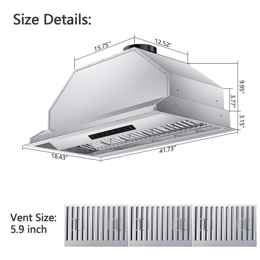 VIKIO RHIN02-42 42 in. 900 CFM Convertible Insert Range Hood Stainless Steel with Baffle Filters, LED and Gesture Control12