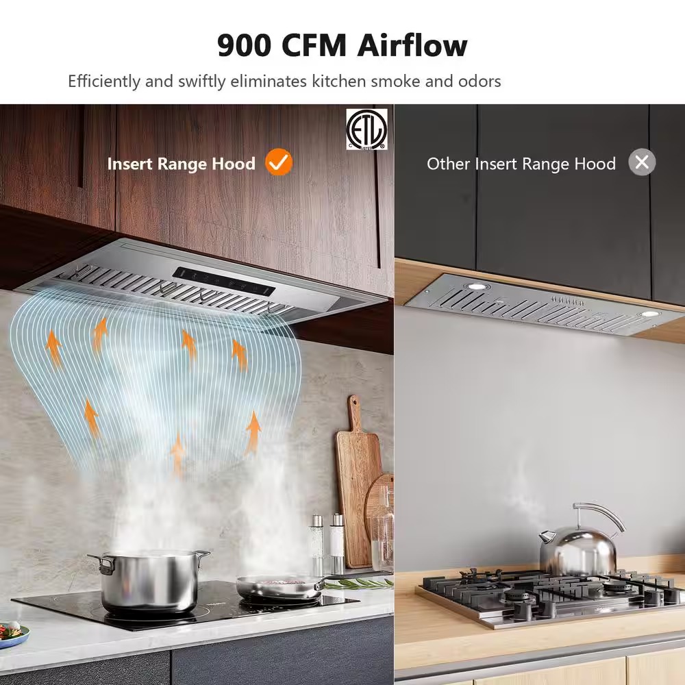 VIKIO RHIN02-42 42 in. 900 CFM Convertible Insert Range Hood Stainless Steel with Baffle Filters, LED and Gesture Control2_11zon
