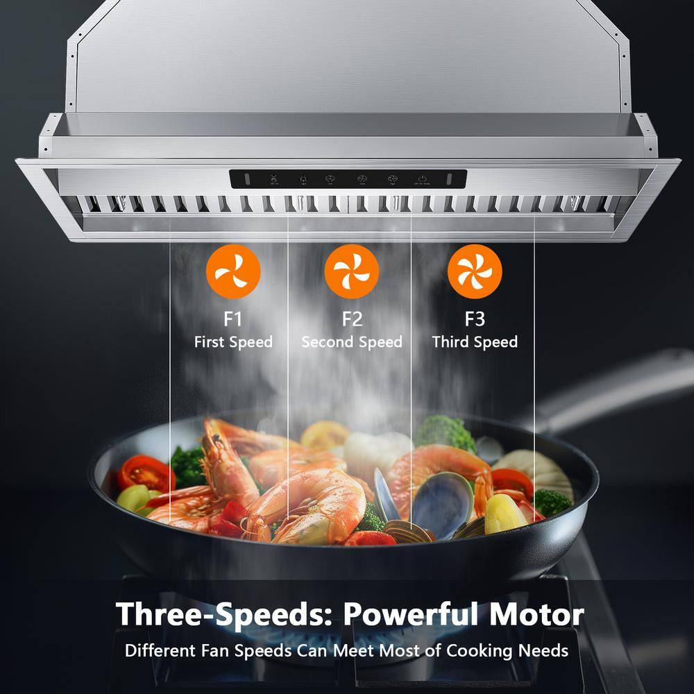 VIKIO RHIN02-42 42 in. 900 CFM Convertible Insert Range Hood Stainless Steel with Baffle Filters, LED and Gesture Control5