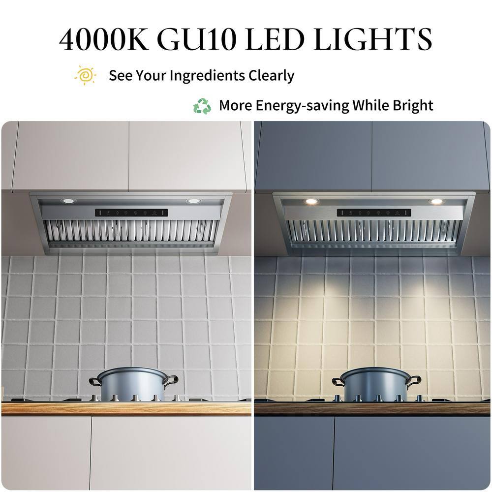 VIKIO RHIN02-42 42 in. 900 CFM Convertible Insert Range Hood Stainless Steel with Baffle Filters, LED and Gesture Control8