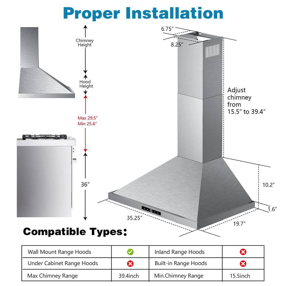 VIKIO RHWM01-36 36 in. 500 CFM Convertible Wall Mount Range Hood in Stainless Steel with LED Lighting, Dishable filter and Touch Control11