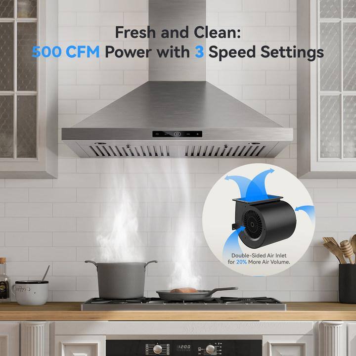 VIKIO RHWM01-36 36 in. 500 CFM Convertible Wall Mount Range Hood in Stainless Steel with LED Lighting, Dishable filter and Touch Control4