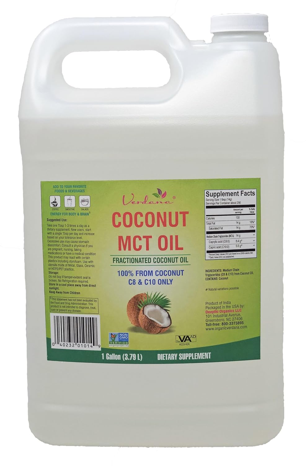 Verdana MCT Oil, Fractionated, 100% from Coconut - 1 Gallon - Kosher Food Grade, Vegan, Non-GMO - Great for Keto and Paleo Diet, Oil Pulling Oral Rinse Mouthwash (128 Fl Oz) Verdana MCT Oil, Fractionated, 100% from Coconut - 1 Gallon - Kosher Food Grade, Vegan, Non-GMO - Great for Keto and Paleo Diet, Oil Pulling Oral Rinse Mouthwash (128 Fl Oz)