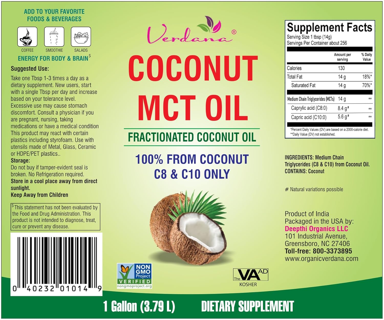 Verdana MCT Oil, Fractionated, 100% from Coconut - 1 Gallon - Kosher Food Grade, Vegan, Non-GMO - Great for Keto and Paleo Diet, Oil Pulling Oral Rinse Mouthwash (128 Fl Oz)0