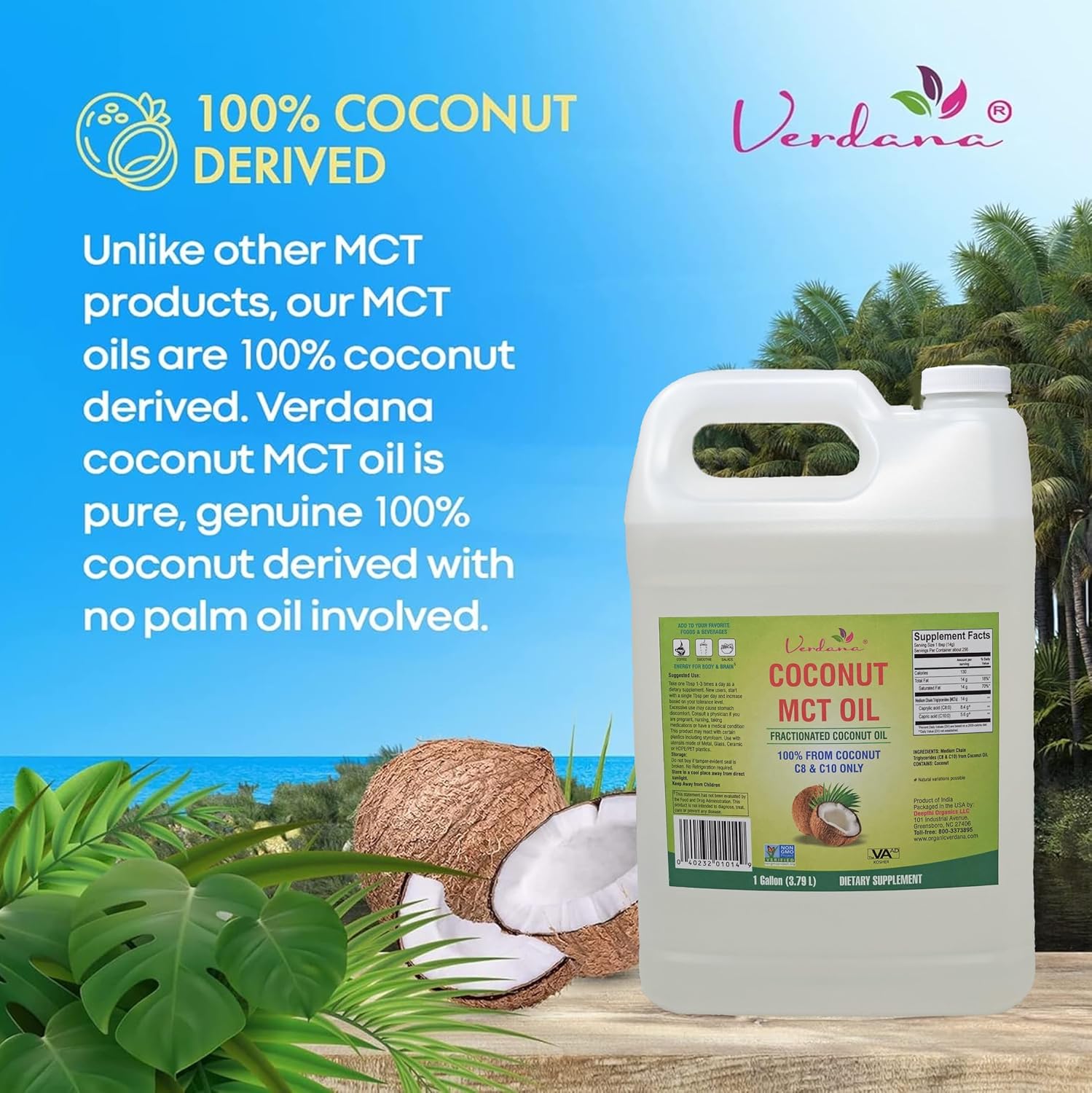Verdana MCT Oil, Fractionated, 100% from Coconut - 1 Gallon - Kosher Food Grade, Vegan, Non-GMO - Great for Keto and Paleo Diet, Oil Pulling Oral Rinse Mouthwash (128 Fl Oz)3