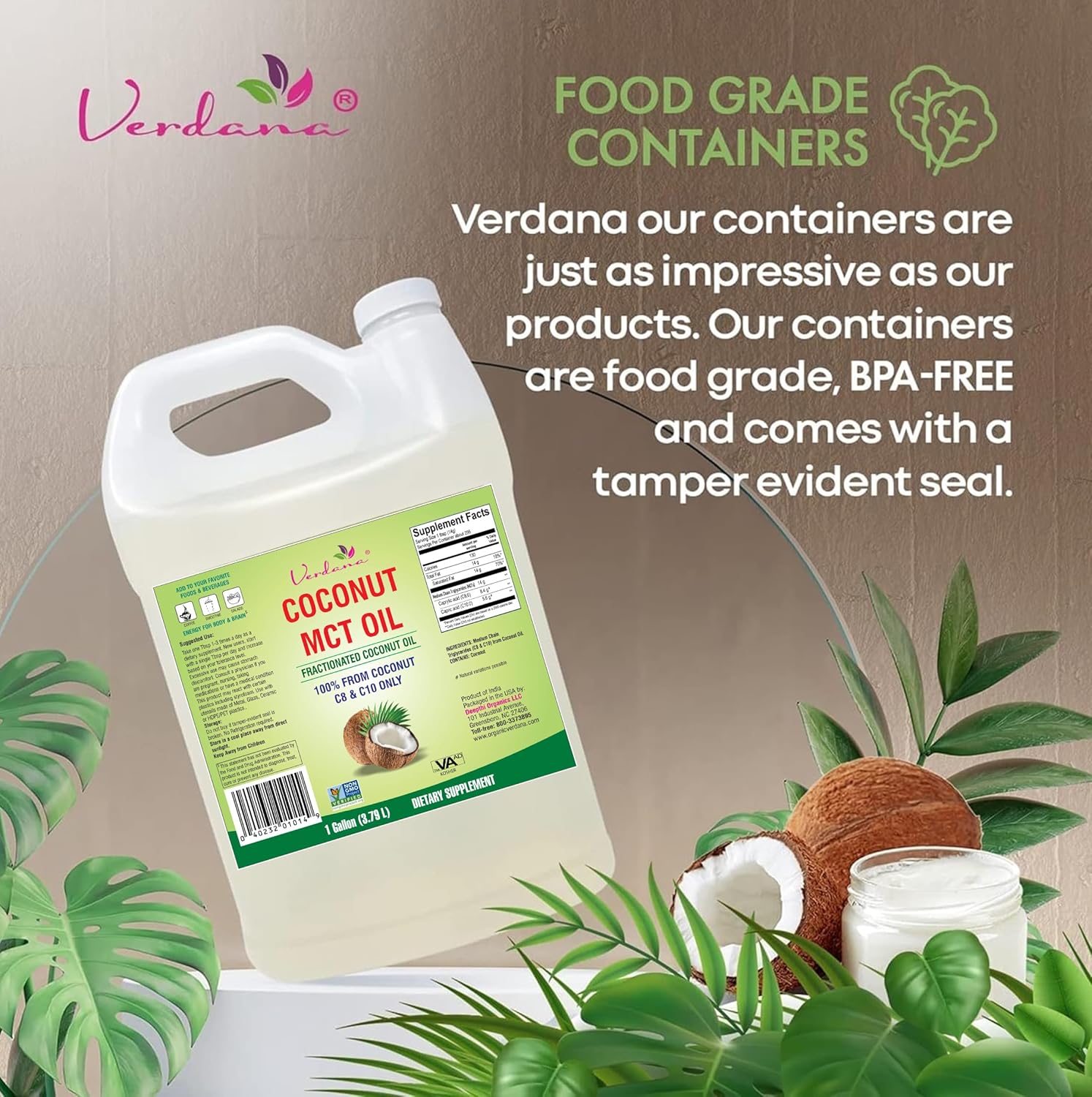Verdana MCT Oil, Fractionated, 100% from Coconut - 1 Gallon - Kosher Food Grade, Vegan, Non-GMO - Great for Keto and Paleo Diet, Oil Pulling Oral Rinse Mouthwash (128 Fl Oz)56