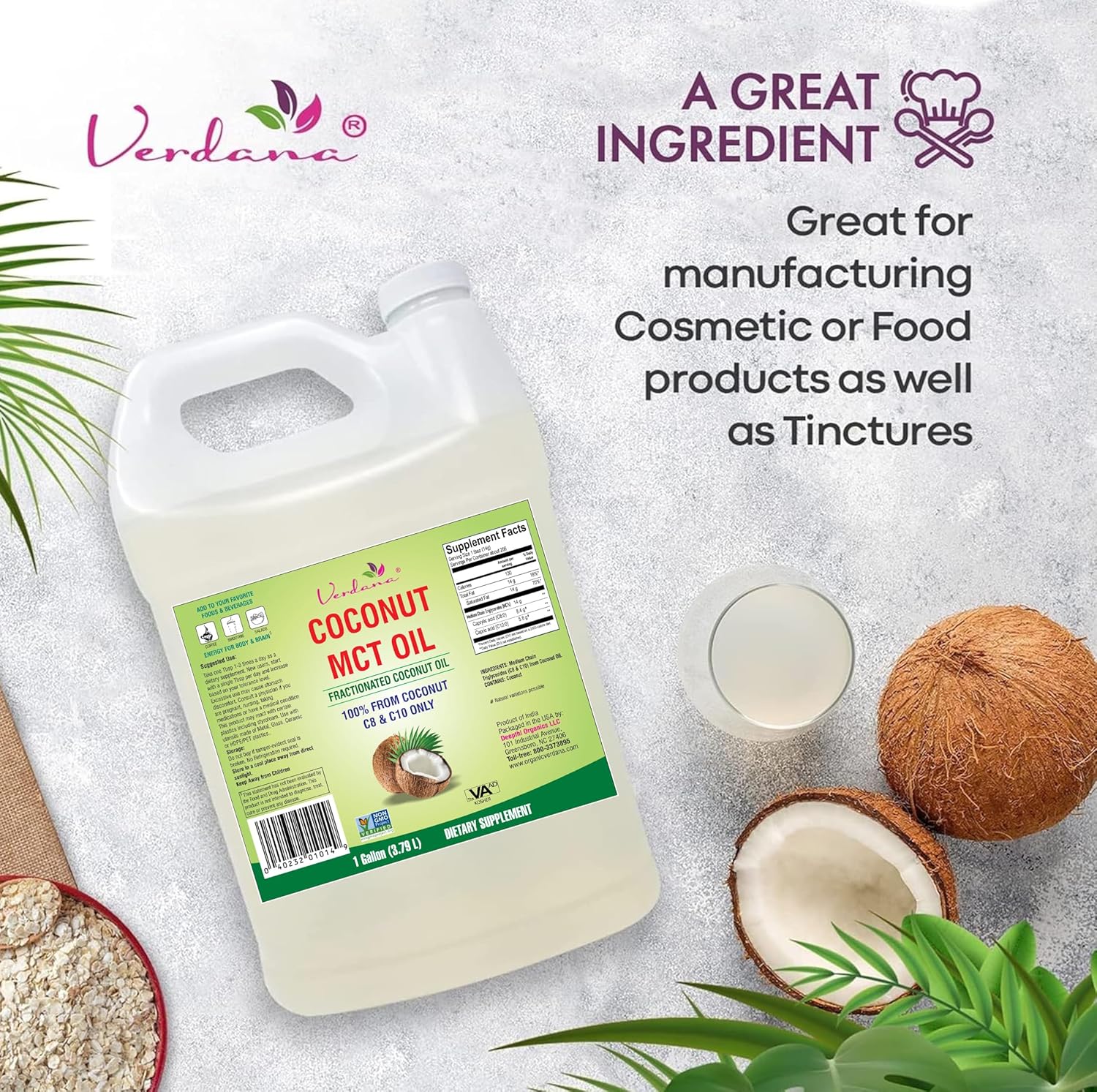 Verdana MCT Oil, Fractionated, 100% from Coconut - 1 Gallon - Kosher Food Grade, Vegan, Non-GMO - Great for Keto and Paleo Diet, Oil Pulling Oral Rinse Mouthwash (128 Fl Oz)8